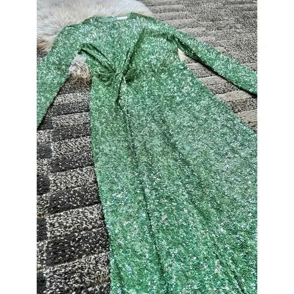 Ashish Green Twist Sequin Maxi Dress Medium Long Sleeve NWOT Sheath (MSRP $2500)
